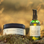 ANGAN Body Love Duo — lifestyle flat lay with Icelandic botanicals