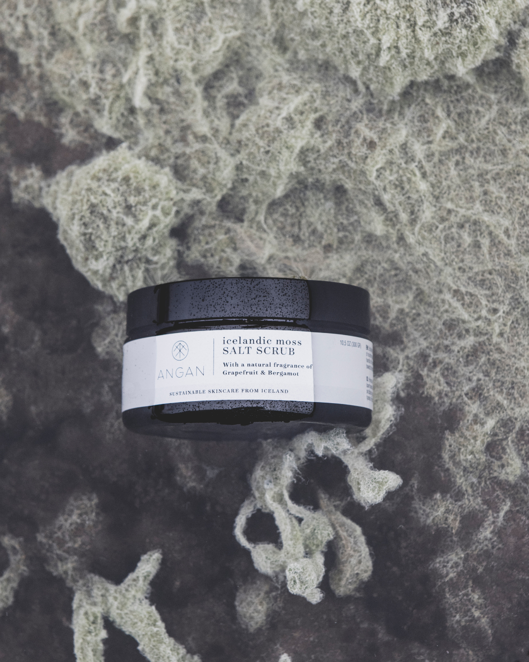 ANGAN Icelandic Moss Salt Scrub — lifestyle flat lay, Icelandic botanicals