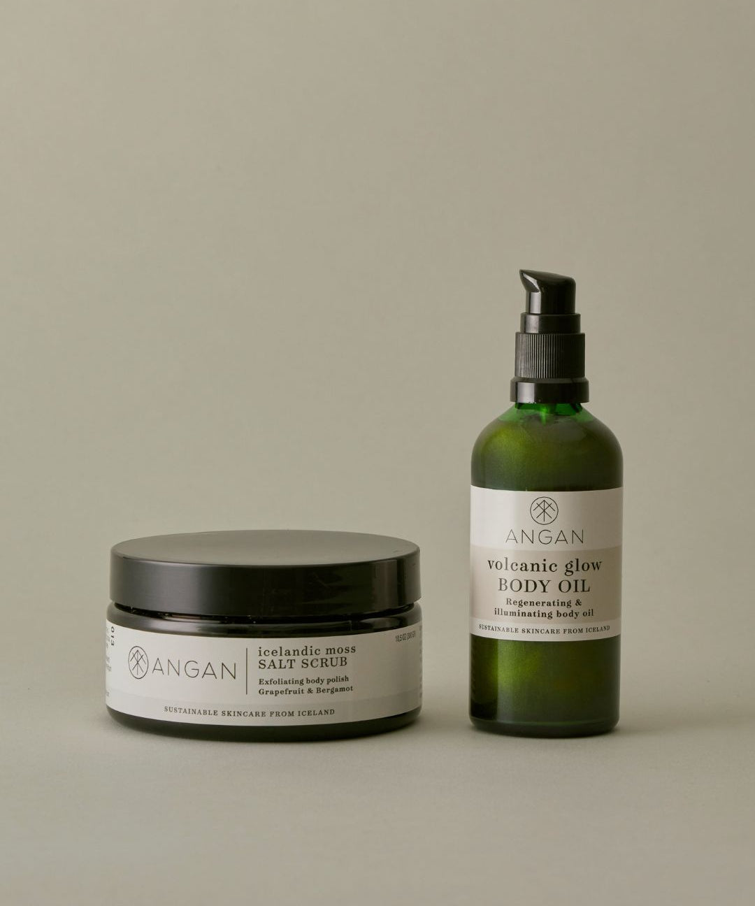 ANGAN Body Love Duo — Volcanic Glow Body Oil and Icelandic Moss Salt Scrub set