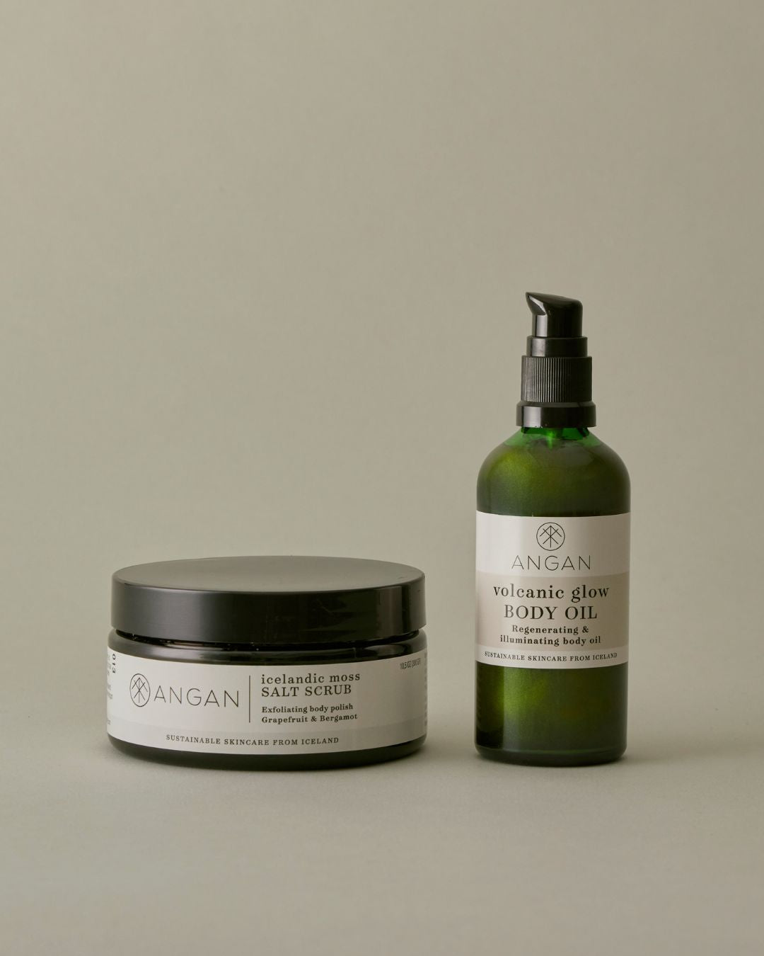 ANGAN Body Love Duo — Volcanic Glow Body Oil and Icelandic Moss Salt Scrub set