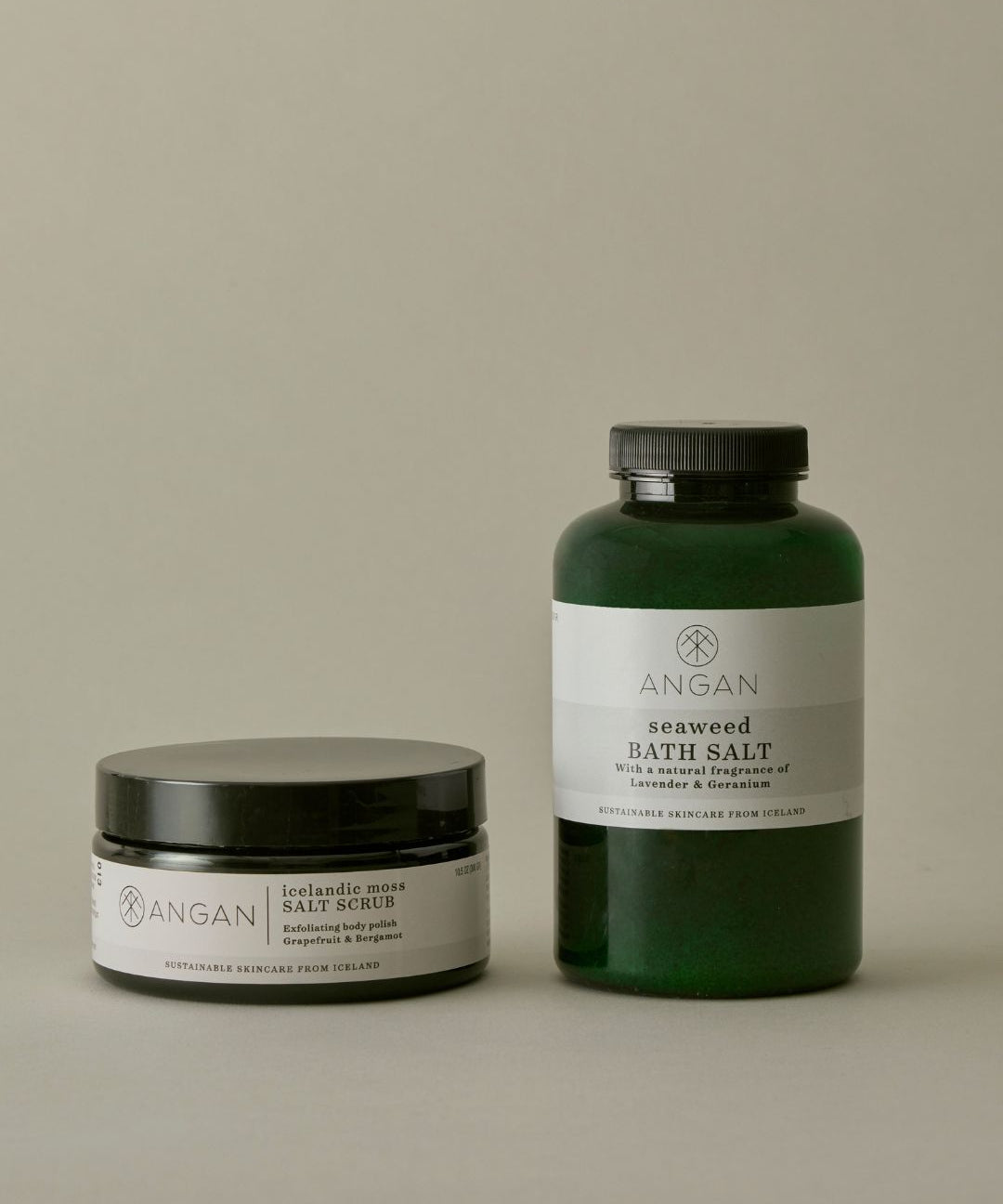 ANGAN Body Treat Duo — Icelandic Moss Salt Scrub and Seaweed Bath Salt gift set
