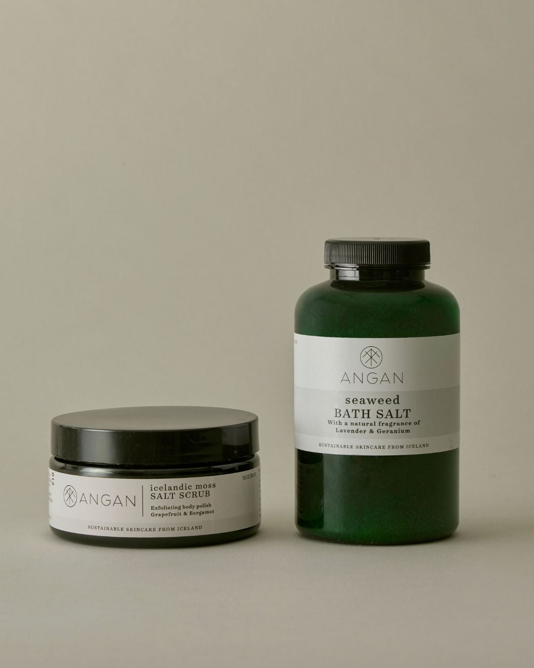 ANGAN Body Treat Duo — Icelandic Moss Salt Scrub and Seaweed Bath Salt gift set