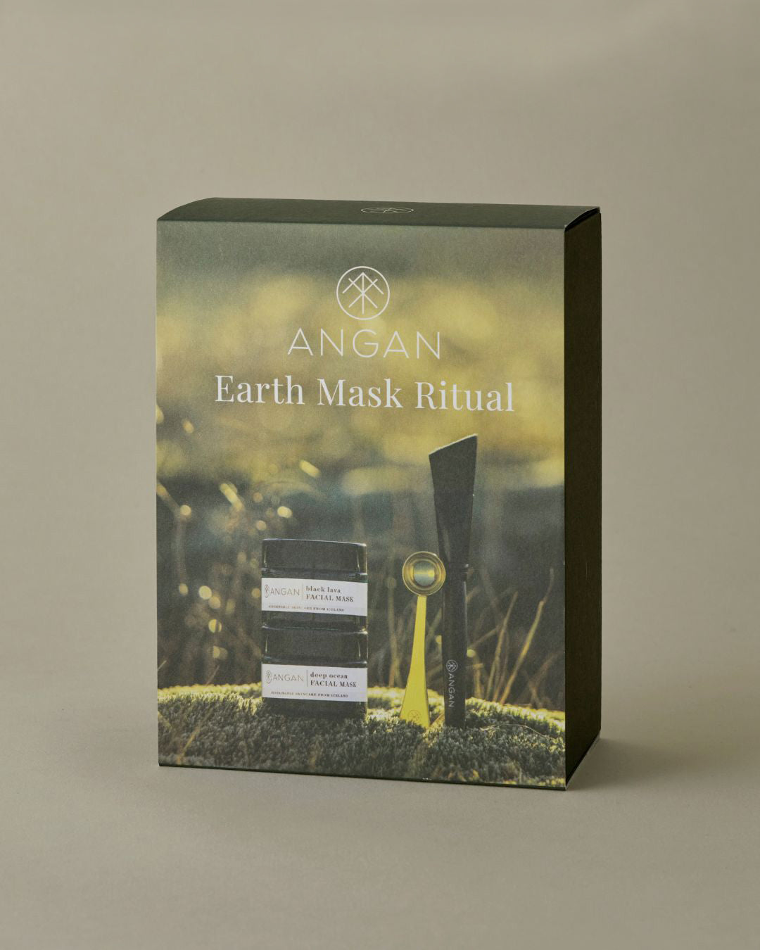 ANGAN Earth Mask Ritual — Black Lava and Deep Ocean face mask set with ritual brush