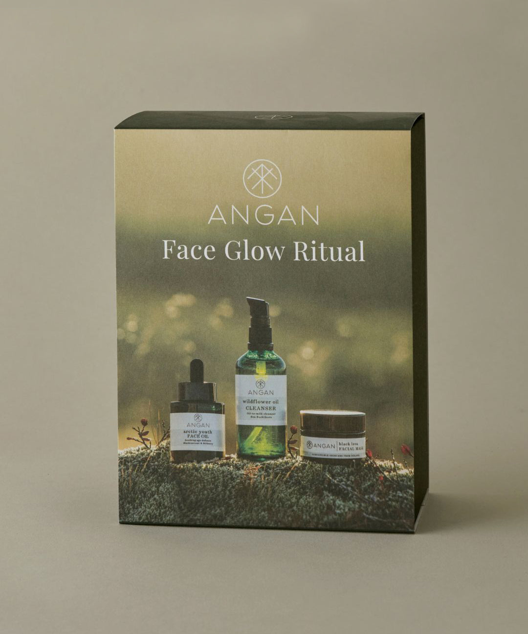 ANGAN Face Glow Ritual — Wildflower Cleanser, Arctic Youth Face Oil and Black Lava Mask set