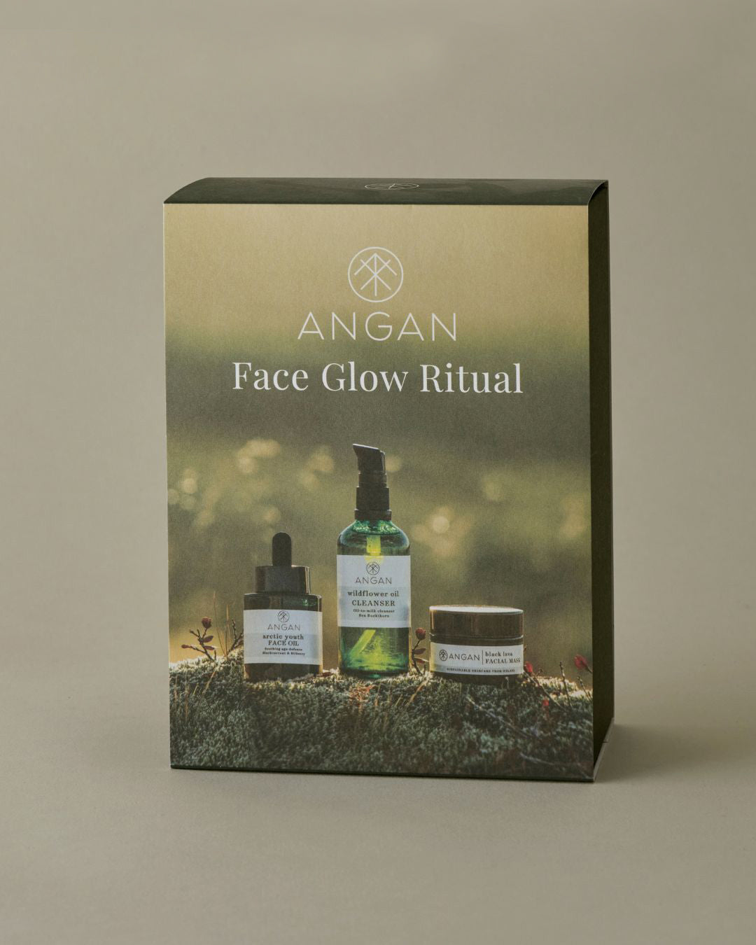 ANGAN Face Glow Ritual — Wildflower Cleanser, Arctic Youth Face Oil and Black Lava Mask set
