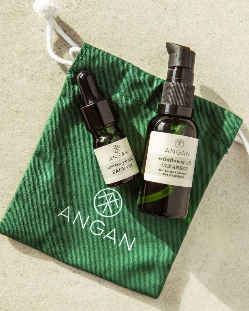 ANGAN Icelandic Glow Discovery Set — lifestyle flat lay from Iceland