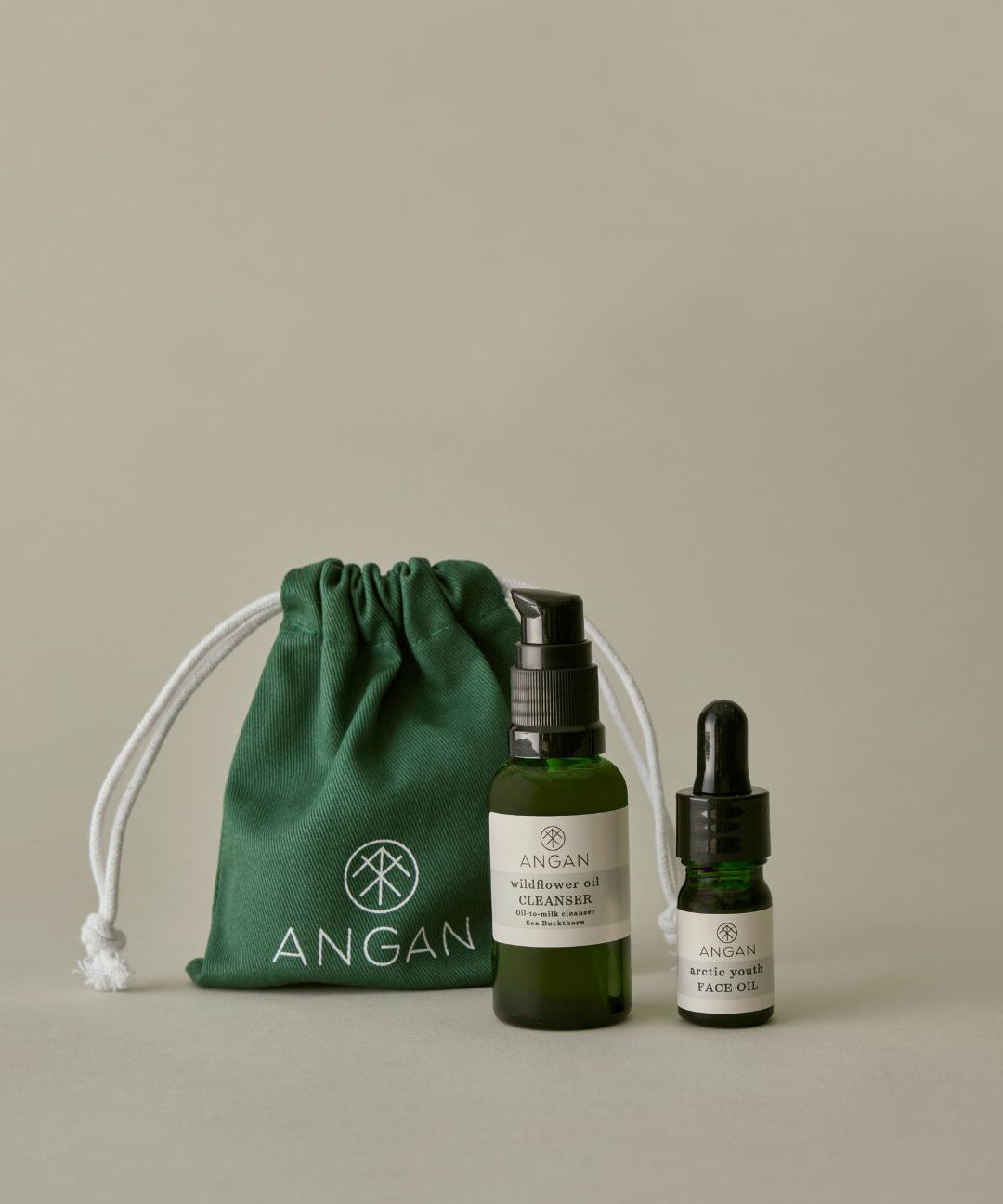 ANGAN Icelandic Glow Discovery Set — Arctic Youth Face Oil and Wildflower Cleanser mini set