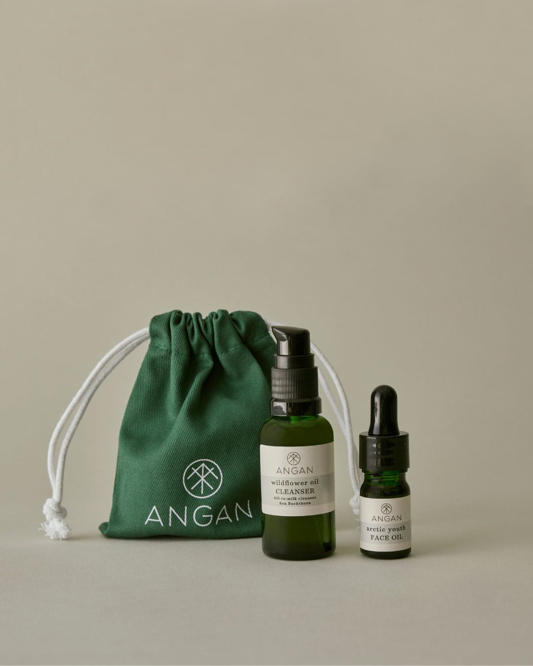 ANGAN Icelandic Glow Discovery Set — Arctic Youth Face Oil and Wildflower Cleanser mini set