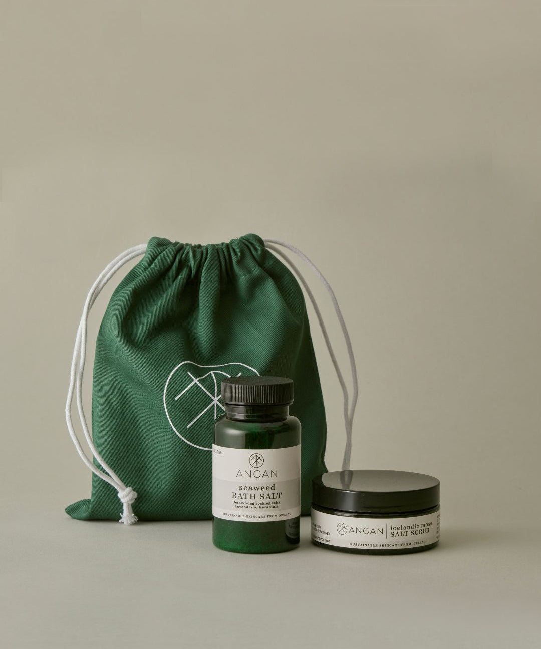 ANGAN Mini Body Duo — Icelandic Moss Salt Scrub and body oil travel set