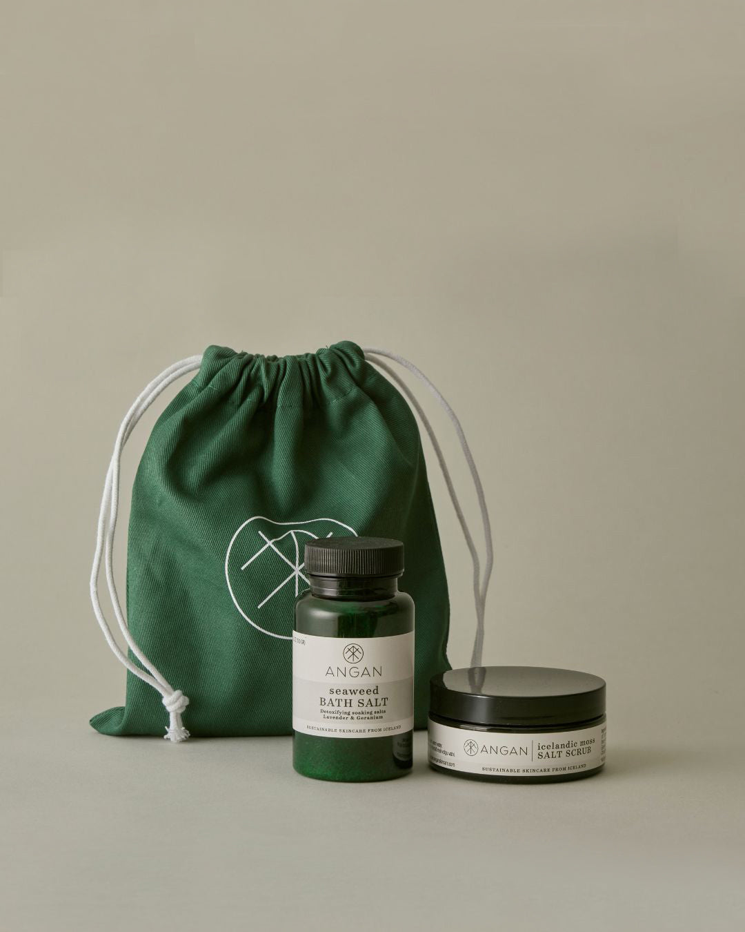 ANGAN Mini Body Duo — Icelandic Moss Salt Scrub and body oil travel set