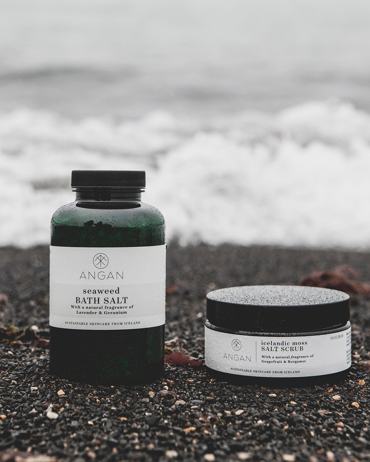 ANGAN Body Treat Duo — lifestyle product shot with Icelandic botanicals