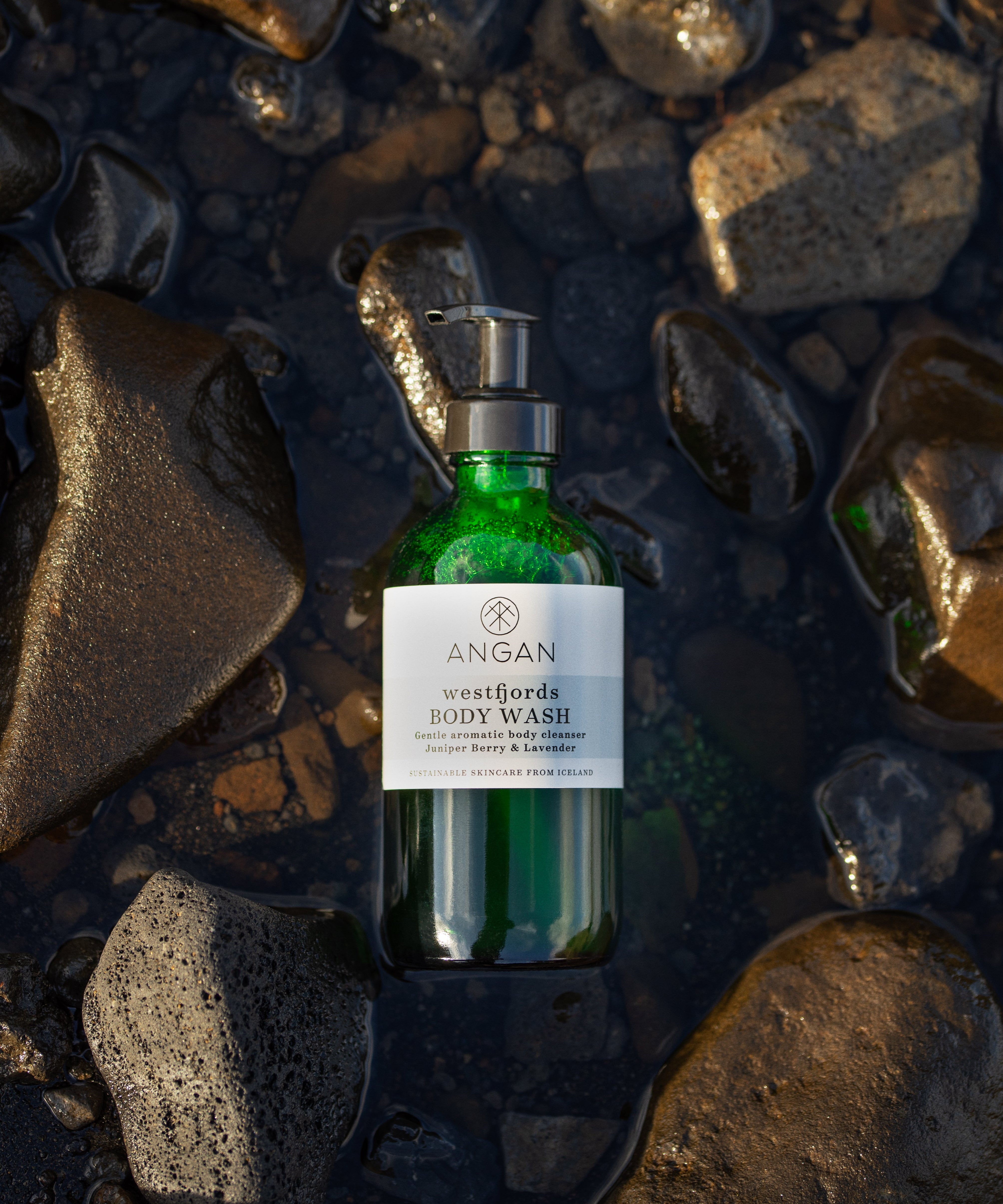ANGAN Westfjords Body Wash — lifestyle product shot, Iceland