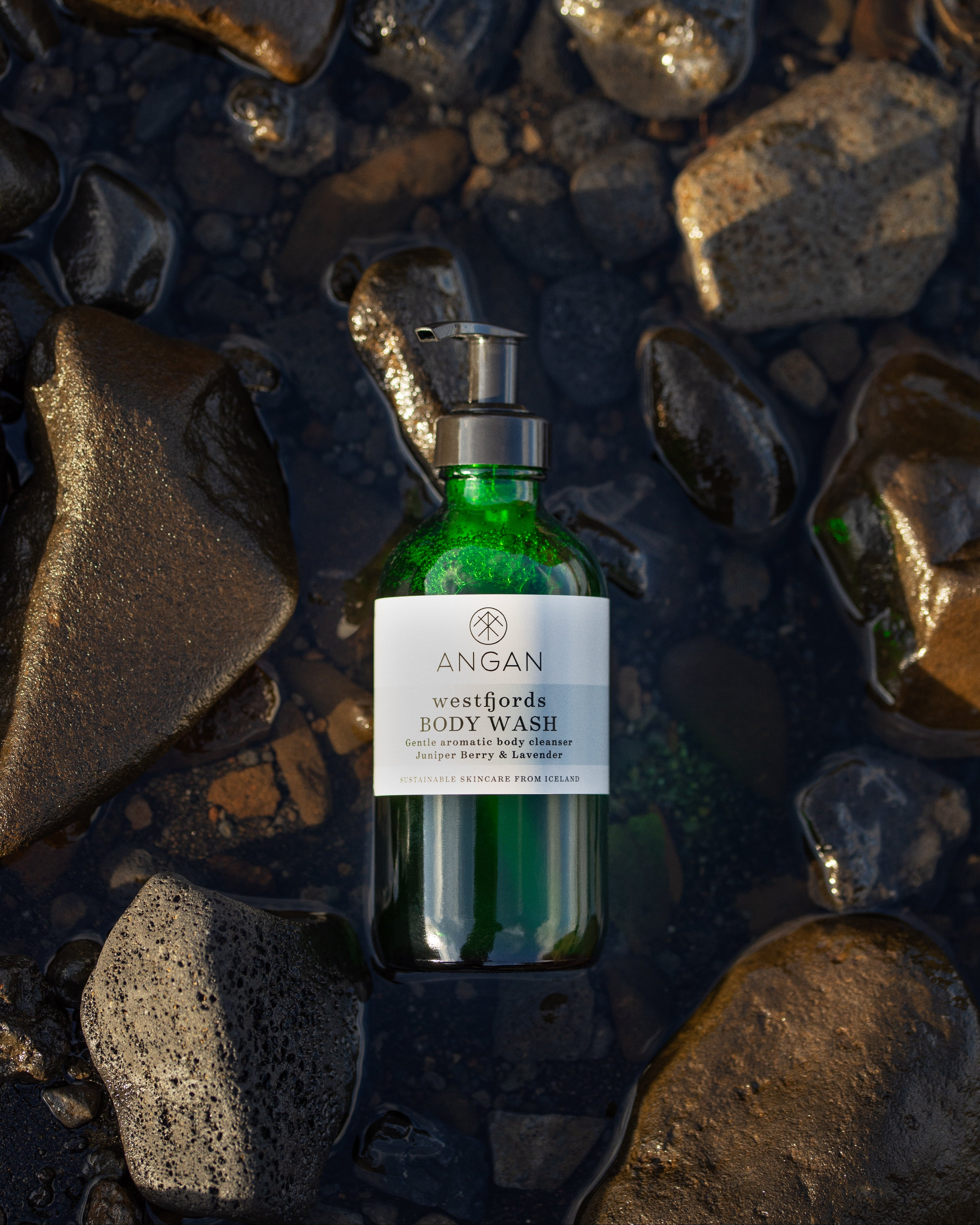 ANGAN Westfjords Body Wash — lifestyle product shot, Iceland